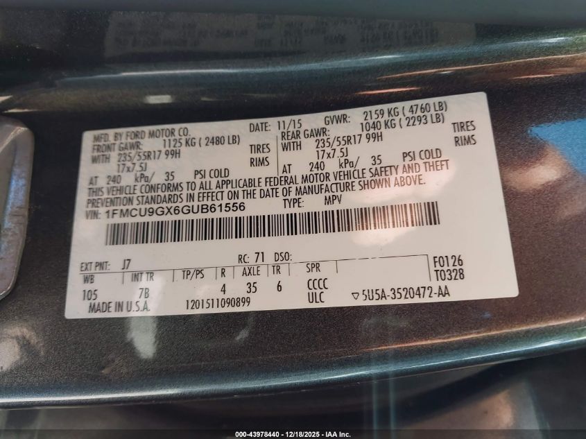2016 Ford Escape Se VIN: 1FMCU9GX6GUB61556 Lot: 43978440
