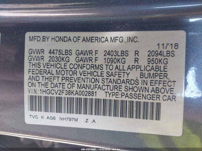 2019 Honda Accord Sport 2.0T VIN: 1HGCV2F38KA002881 Lot: 43978441
