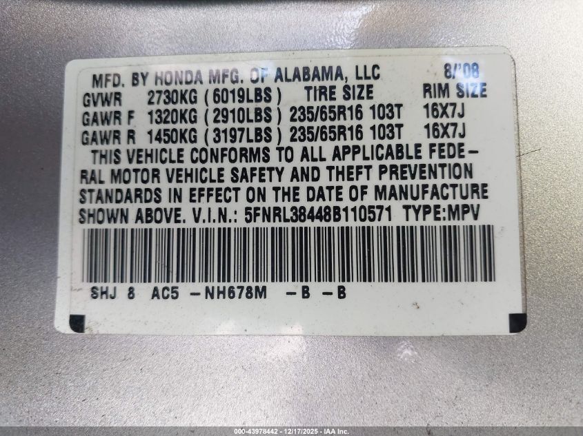 2008 Honda Odyssey Ex VIN: 5FNRL38448B110571 Lot: 43978442