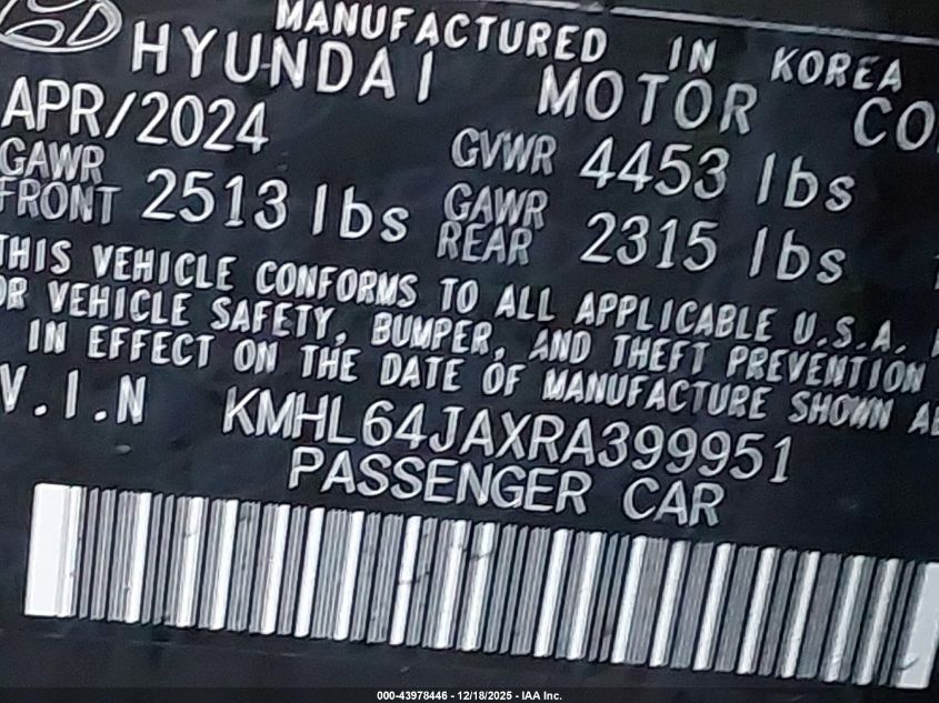 2024 Hyundai Sonata Sel VIN: KMHL64JAXRA399951 Lot: 43978446