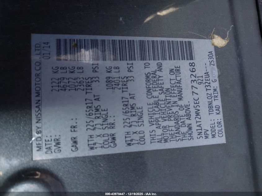 2014 Nissan Rogue Sv VIN: 5N1AT2MV5EC773268 Lot: 43978447