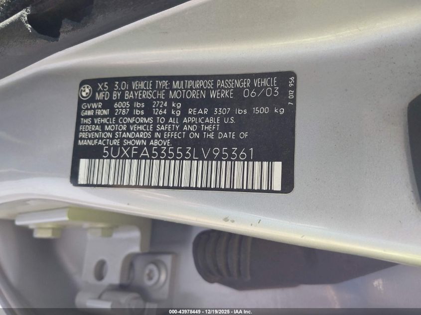2003 BMW X5 3.0I VIN: 5UXFA53553LV95361 Lot: 43978449