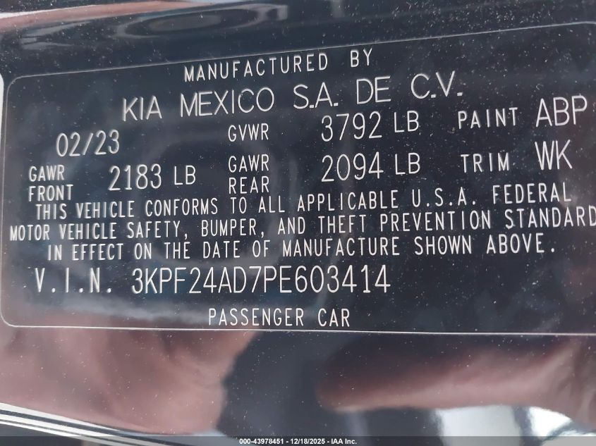 2023 Kia Forte Lxs VIN: 3KPF24AD7PE603414 Lot: 43978451
