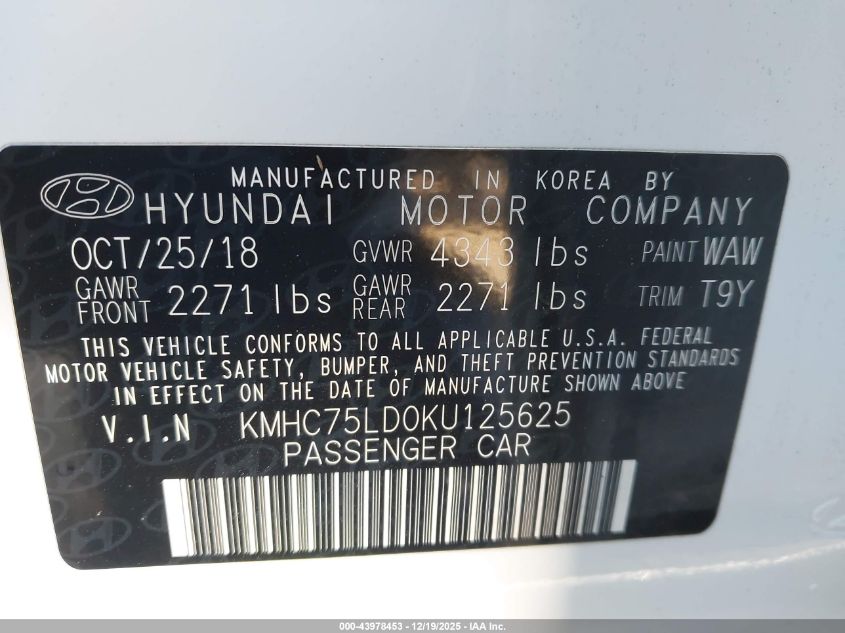 2019 Hyundai Ioniq Plug-In Hybrid Limited VIN: KMHC75LD0KU125625 Lot: 43978453