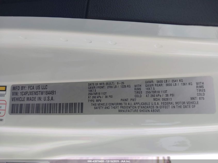 2026 Jeep Wrangler VIN: 1C4PJXEN5TW184491 Lot: 43978455