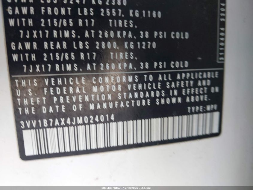 2018 Volkswagen Tiguan 2.0T S VIN: 3VV1B7AX4JM024014 Lot: 43978457