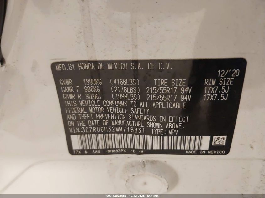 2021 Honda Hr-V Awd Lx VIN: 3CZRU6H32MM716831 Lot: 43978459