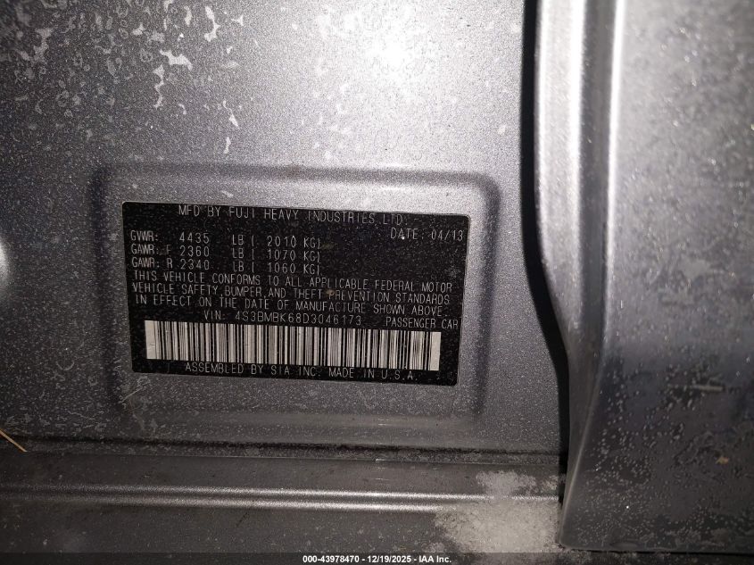 2013 Subaru Legacy 2.5I Limited VIN: 4S3BMBK68D3046173 Lot: 43978470