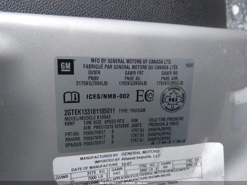 2008 GMC Sierra 1500 Sle1/Sle2/Slt/Work Truck VIN: 2GTEK133181185011 Lot: 43978471