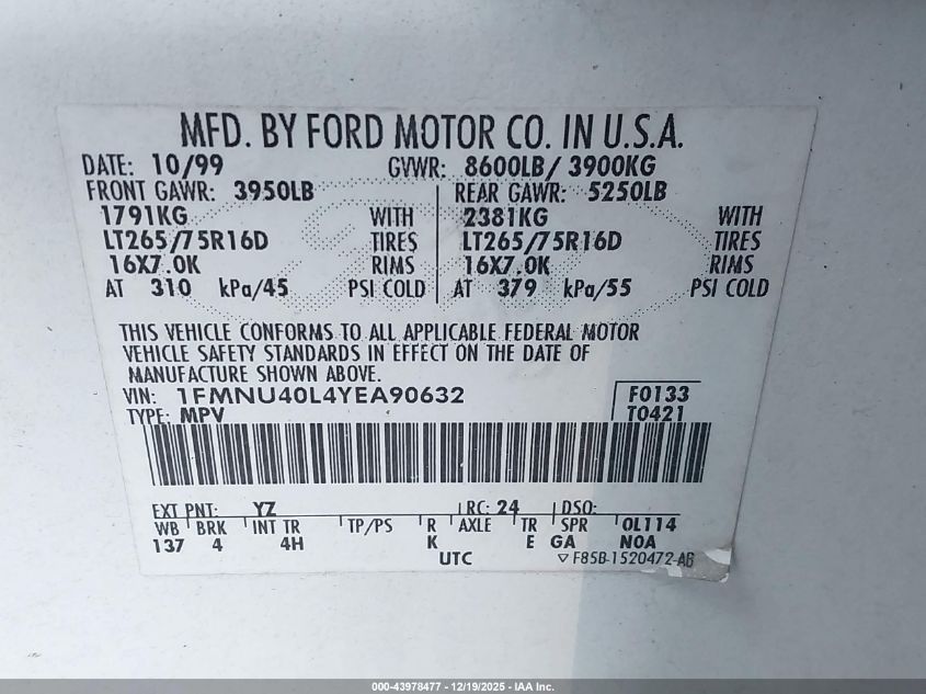 2000 Ford Excursion Xlt VIN: 1FMNU40L4YEA90632 Lot: 43978477