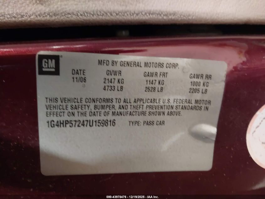 2007 Buick Lucerne Cx VIN: 1G4HP57247U159816 Lot: 43978476