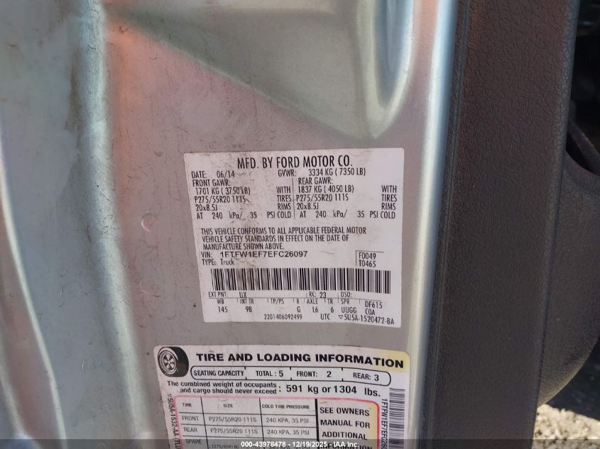 2014 Ford F-150 Platinum VIN: 1FTFW1EF7EFC26097 Lot: 43978478