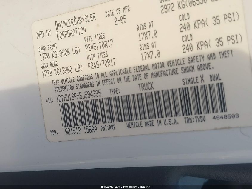 2005 Dodge Ram 1500 St VIN: 1D7HU16P55J594335 Lot: 43978479