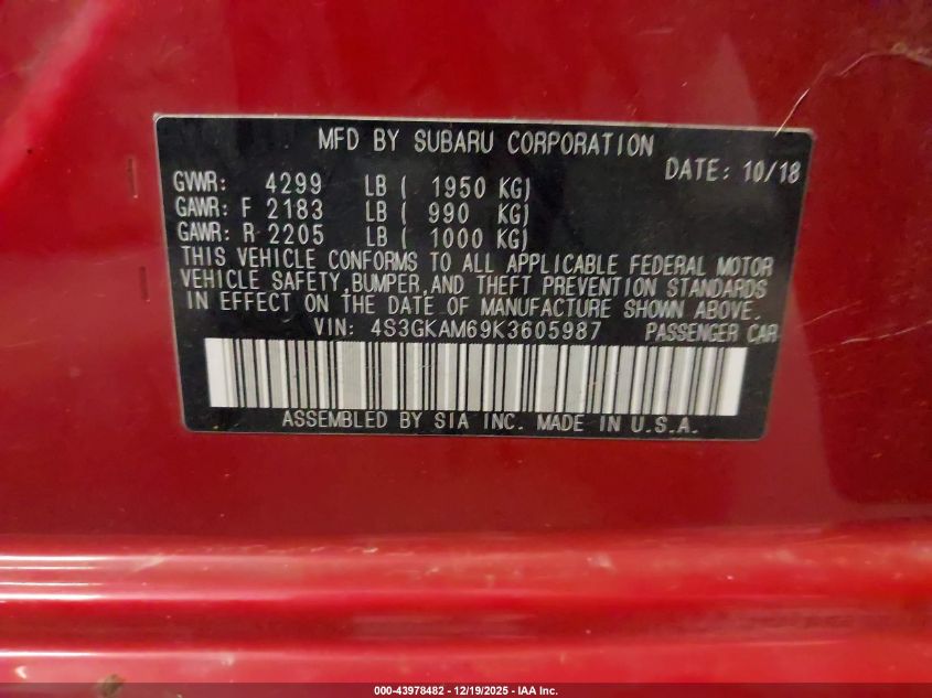 2019 Subaru Impreza 2.0I Sport VIN: 4S3GKAM69K3605987 Lot: 43978482