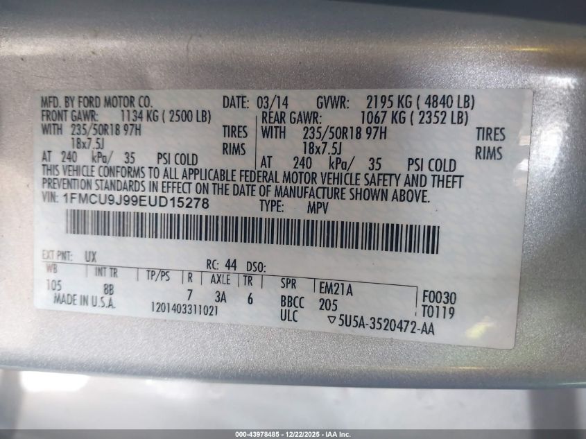 2014 Ford Escape Titanium VIN: 1FMCU9J99EUD15278 Lot: 43978485