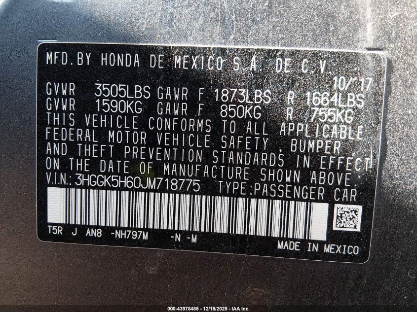 2018 Honda Fit Sport VIN: 3HGGK5H60JM718775 Lot: 43978486