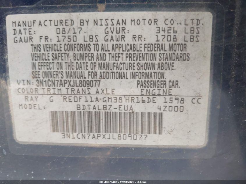 2018 Nissan Versa 1.6 Sv VIN: 3N1CN7APXJL809077 Lot: 43978487