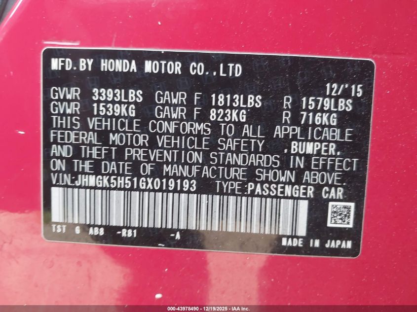 2016 Honda Fit Lx VIN: JHMGK5H51GX019193 Lot: 43978490