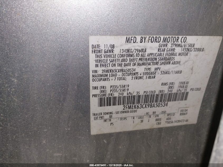 2009 Ford Flex Limited VIN: 2FMEK63CX9BA50534 Lot: 43978491