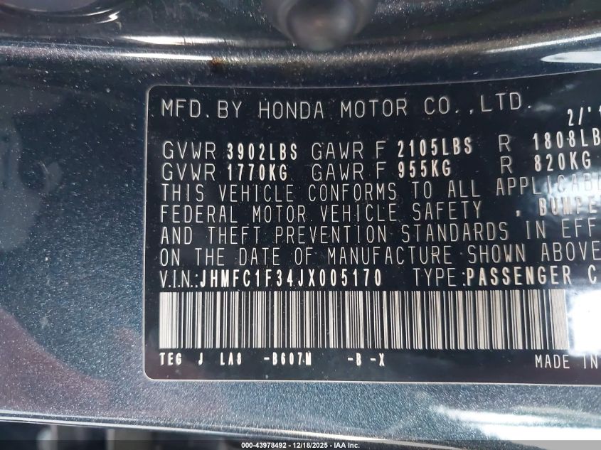 2018 Honda Civic Ex-T VIN: JHMFC1F34JX005170 Lot: 43978492