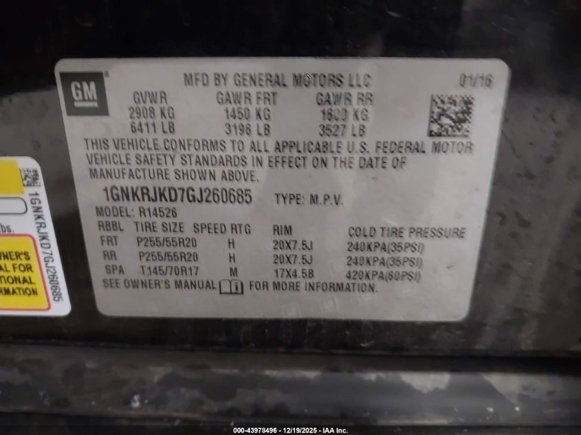 2016 Chevrolet Traverse Ltz VIN: 1GNKRJKD7GJ260685 Lot: 43978496