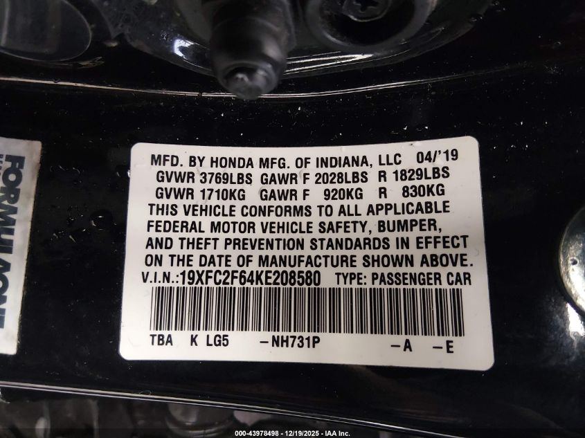 2019 Honda Civic Lx VIN: 19XFC2F64KE208580 Lot: 43978498
