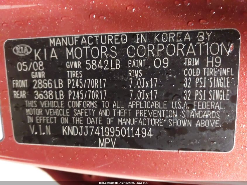 2009 Kia Borrego Ex V6 VIN: KNDJJ741995011494 Lot: 43978510