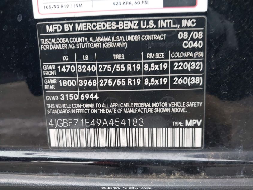 2009 Mercedes-Benz Gl 450 4Matic VIN: 4JGBF71E49A454183 Lot: 43978517