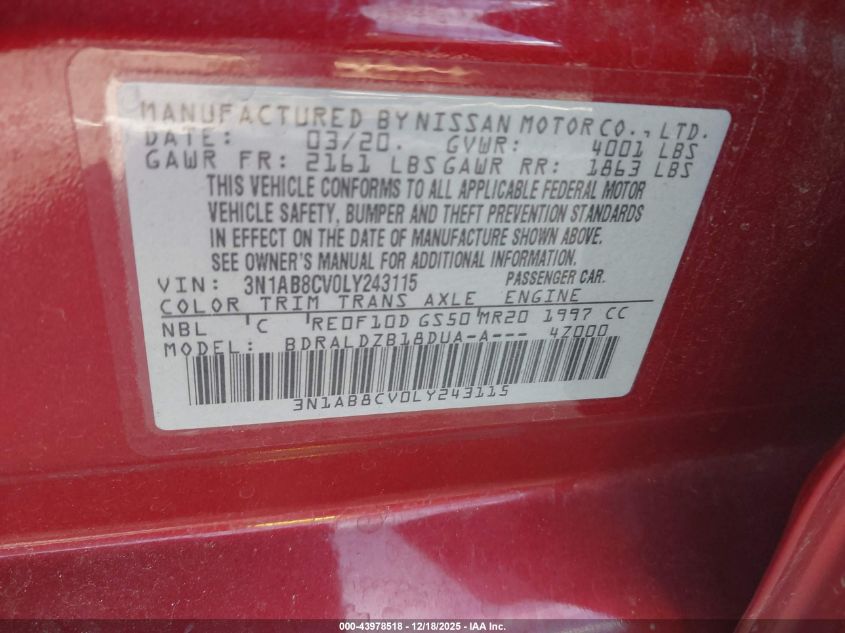 2020 Nissan Sentra Sv Xtronic Cvt VIN: 3N1AB8CV0LY243115 Lot: 43978518