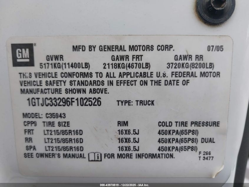2006 GMC Sierra 3500 Sle1 VIN: 1GTJC33296F102526 Lot: 43978519