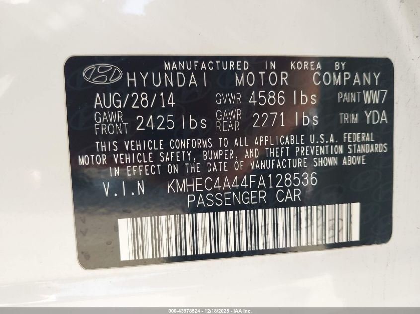 2015 Hyundai Sonata Hybrid VIN: KMHEC4A44FA128536 Lot: 43978524