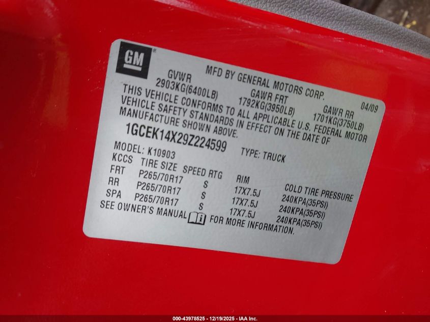 2009 Chevrolet Silverado 1500 Work Truck VIN: 1GCEK14X29Z224599 Lot: 43978525
