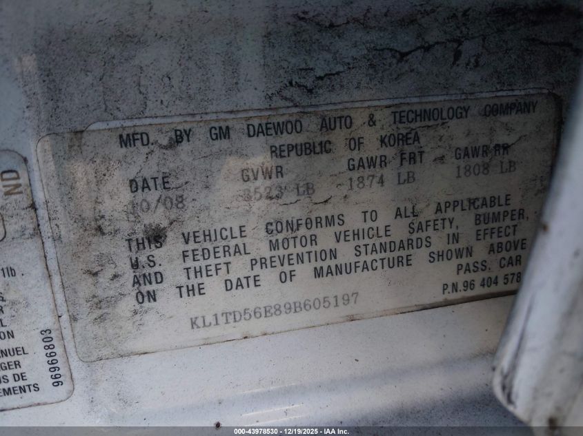 2009 Chevrolet Aveo Lt VIN: KL1TD56E89B605197 Lot: 43978530