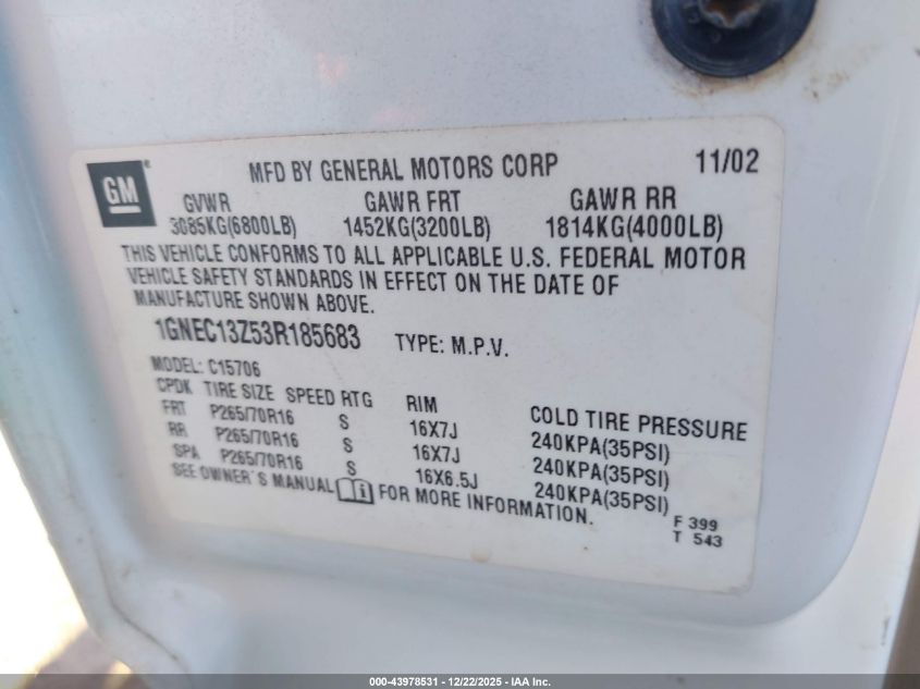 2003 Chevrolet Tahoe Lt VIN: 1GNEC13Z53R185683 Lot: 43978531