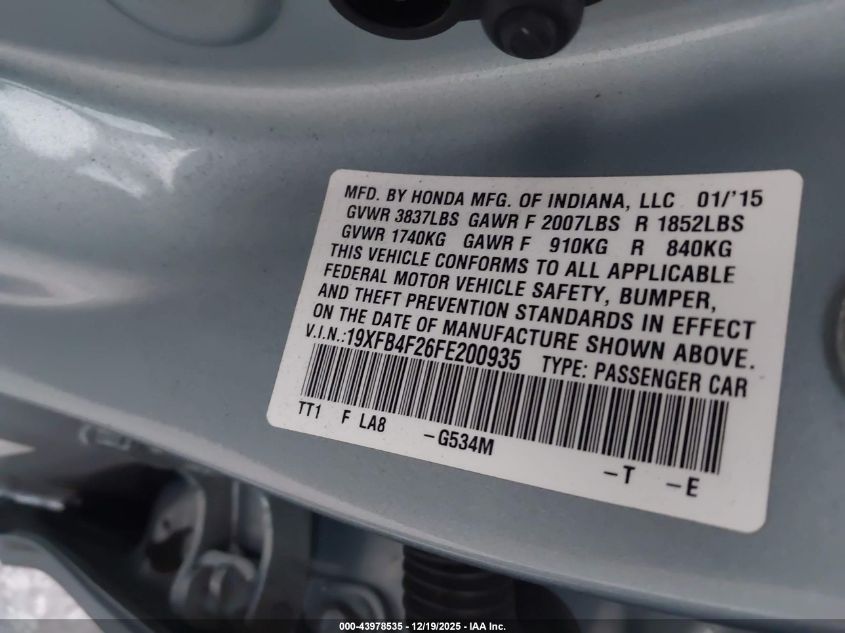 2015 Honda Civic Hybrid VIN: 19XFB4F26FE200935 Lot: 43978535