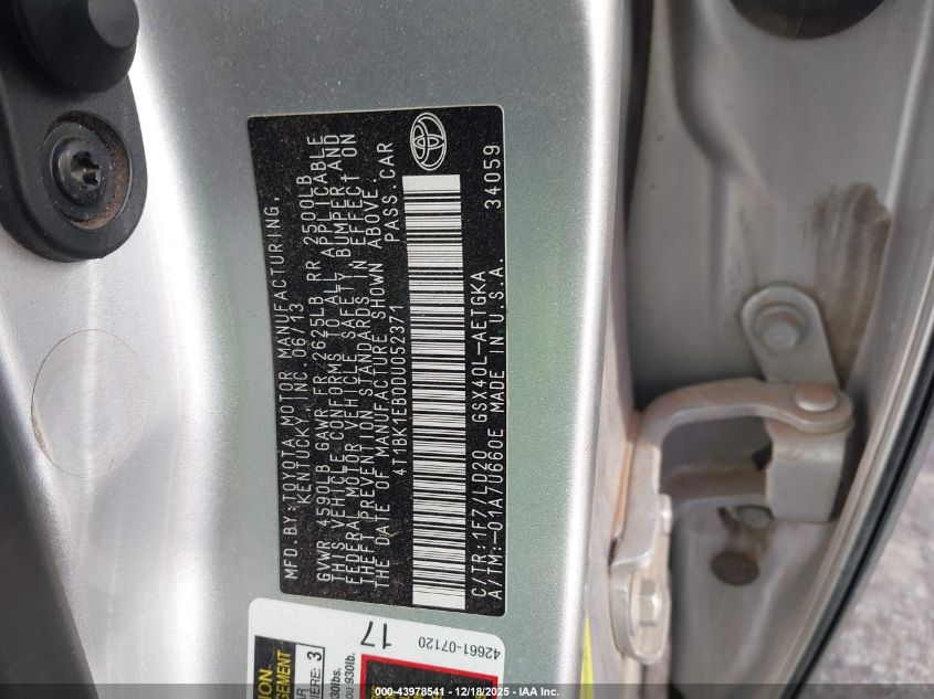 2013 Toyota Avalon Xle VIN: 4T1BK1EB0DU052371 Lot: 43978541