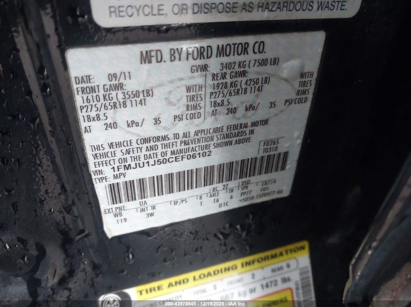 2012 Ford Expedition Xlt VIN: 1FMJU1J50CEF06102 Lot: 43978545