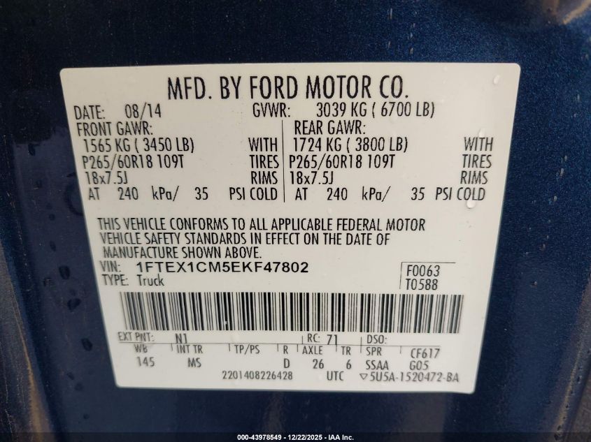 2014 Ford F-150 Xlt VIN: 1FTEX1CM5EKF47802 Lot: 43978549