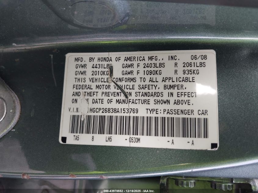 2008 Honda Accord 2.4 Ex-L VIN: 1HGCP26838A153769 Lot: 43978552