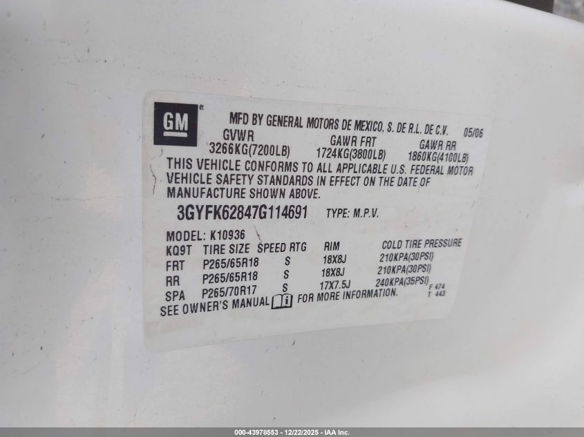 2007 Cadillac Escalade Ext Standard VIN: 3GYFK62847G114691 Lot: 43978553