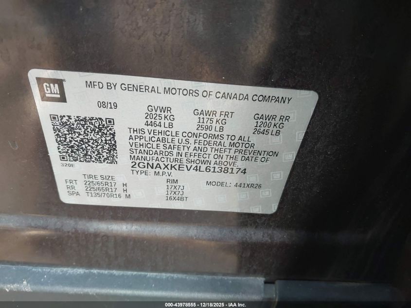 2020 Chevrolet Equinox Fwd Lt 1.5L Turbo VIN: 2GNAXKEV4L6138174 Lot: 43978555