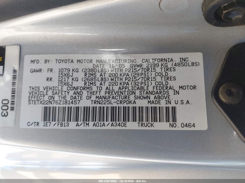 2006 Toyota Tacoma VIN: 5TETX22N76Z181457 Lot: 43978562