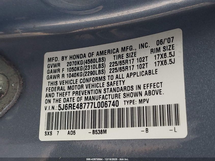 2007 Honda Cr-V Ex-L VIN: 5J6RE48777L006740 Lot: 43978564