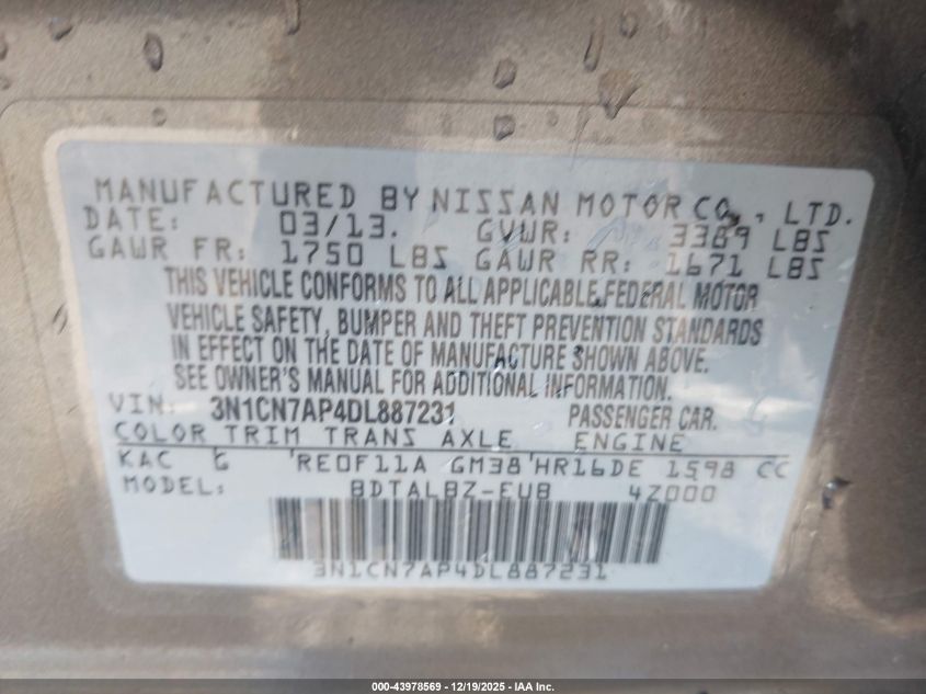 2013 Nissan Versa 1.6 Sv VIN: 3N1CN7AP4DL887231 Lot: 43978569