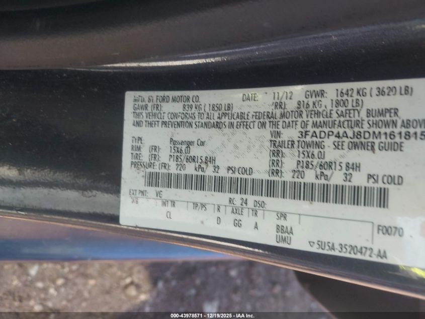 2013 Ford Fiesta S VIN: 3FADP4AJ8DM161815 Lot: 43978571