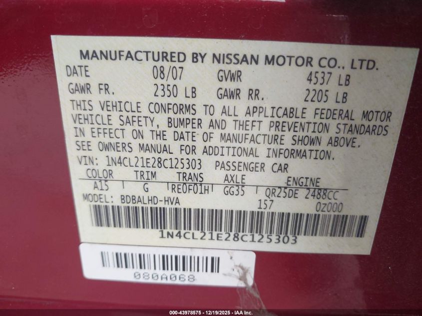 2008 Nissan Altima Hybrid VIN: 1N4CL21E28C125303 Lot: 43978575