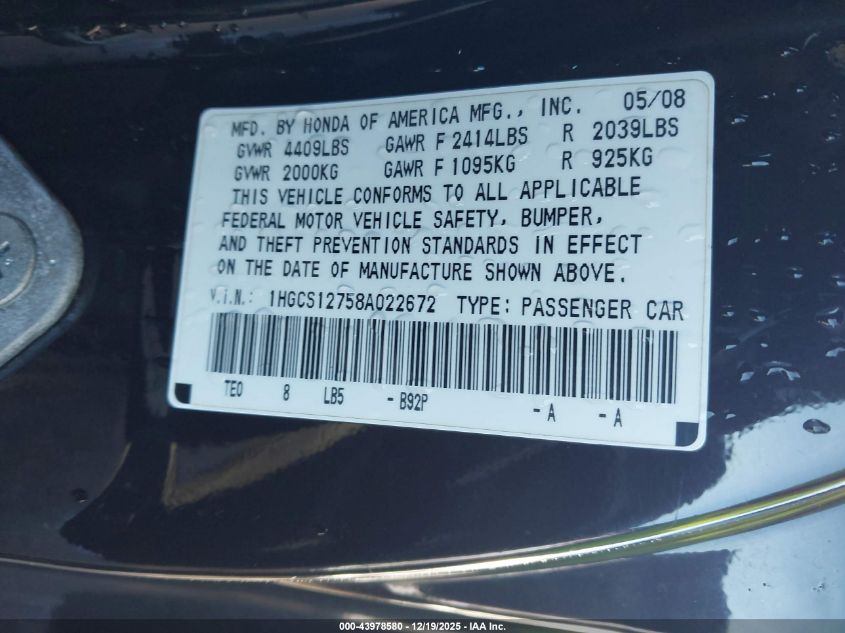 2008 Honda Accord 2.4 Ex VIN: 1HGCS12758A022672 Lot: 43978580