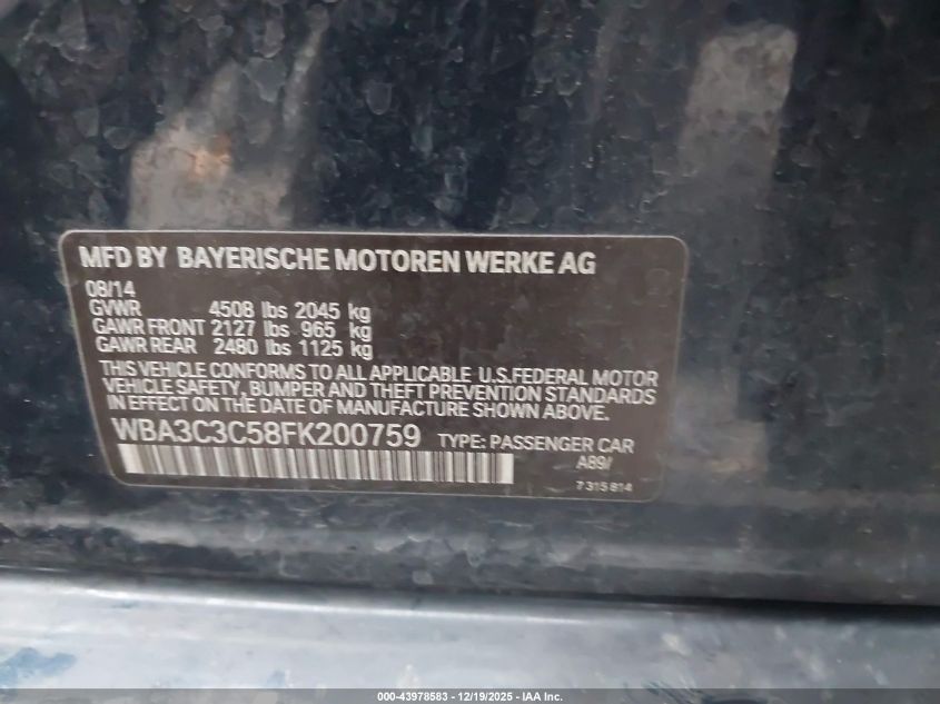 2015 BMW 320I xDrive VIN: WBA3C3C58FK200759 Lot: 43978583