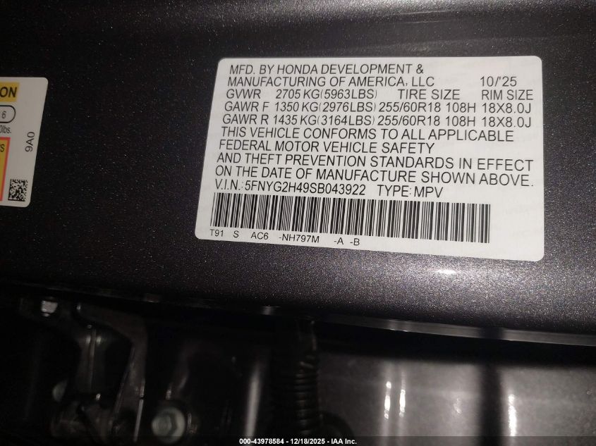 2025 Honda Pilot Ex-L VIN: 5FNYG2H49SB043922 Lot: 43978584