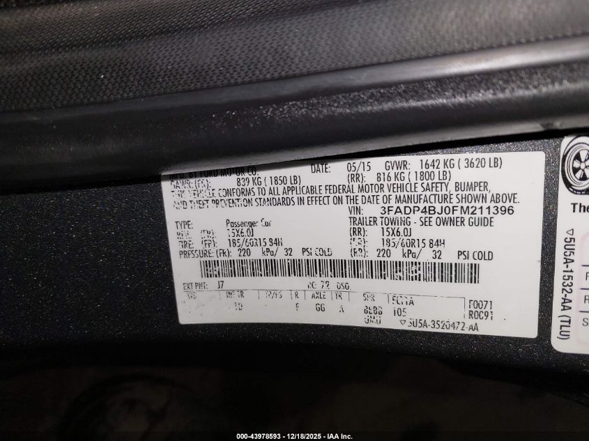 2015 Ford Fiesta Se VIN: 3FADP4BJ0FM211396 Lot: 43978593